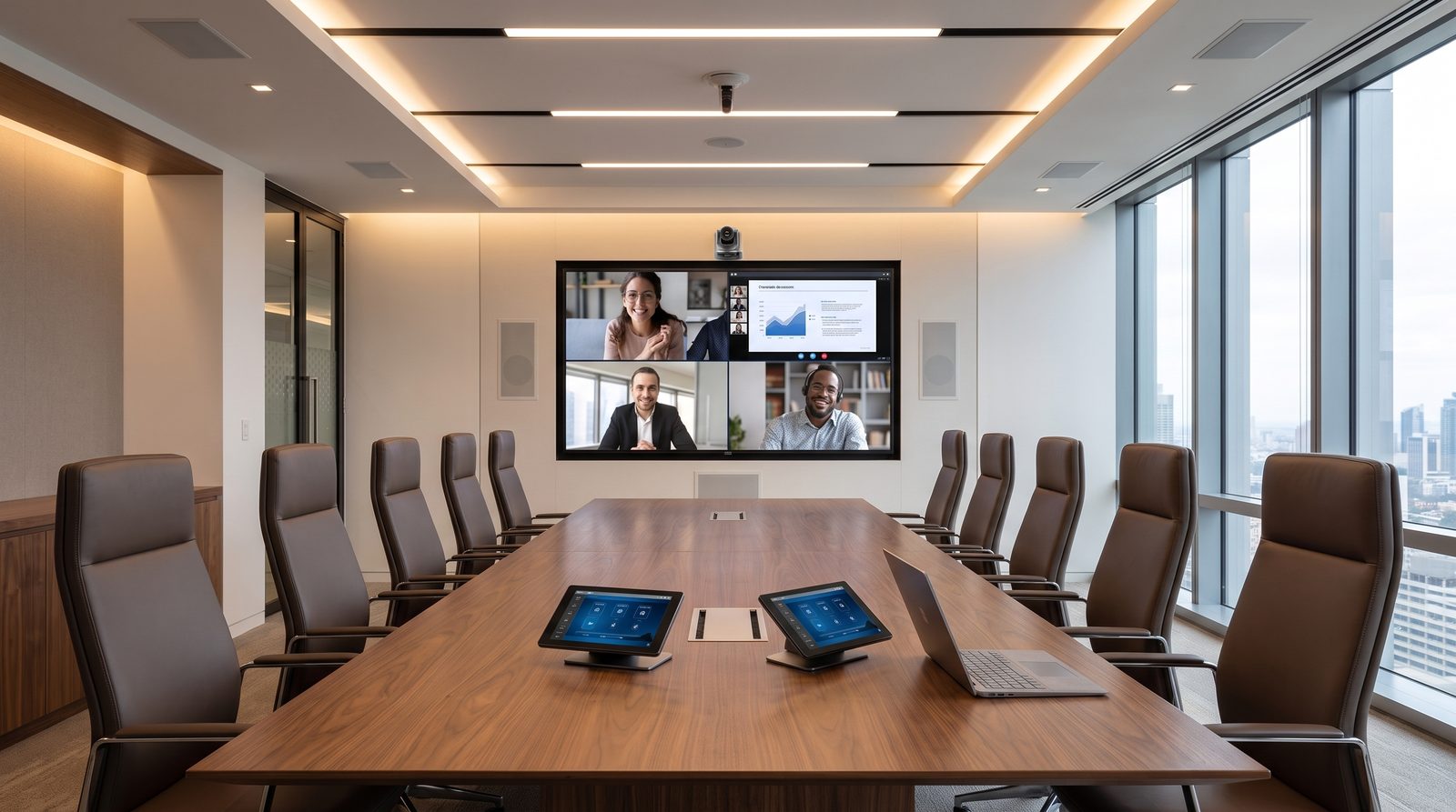 Boardroom equipada com videoconferência, painel de controle na mesa, áudio embutido e iluminação integrada